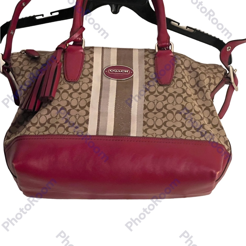 EUC Coach Bag: Burgundy and Cream: L14” W20” stretched w/o Stretch 10” Strap 34” - Picture 5 of 9